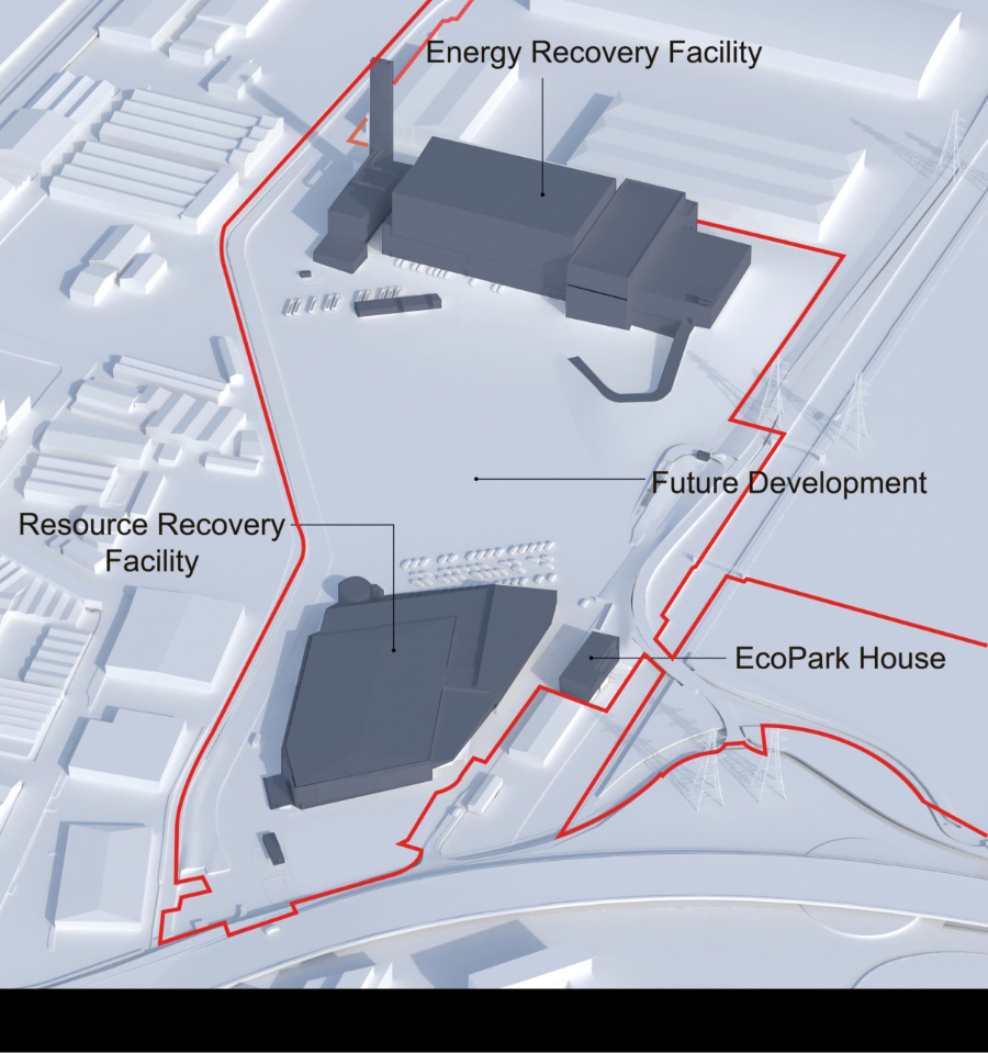 Indicative view of future site layout for Edmonton EcoPark including Energy Recovery Facility, Resource Recovery Facility and EcoPark House.
