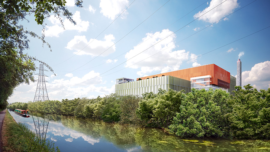 Indicative view of Energy Recovery Facility from Canal Tow Path on River Lee Navigation